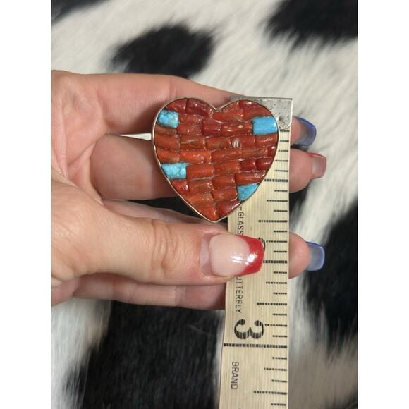 Sterling Jay King DTR Red Coral Turquoise Cobblestone Heart Pendant Earrings Set - Picture 7 of 14